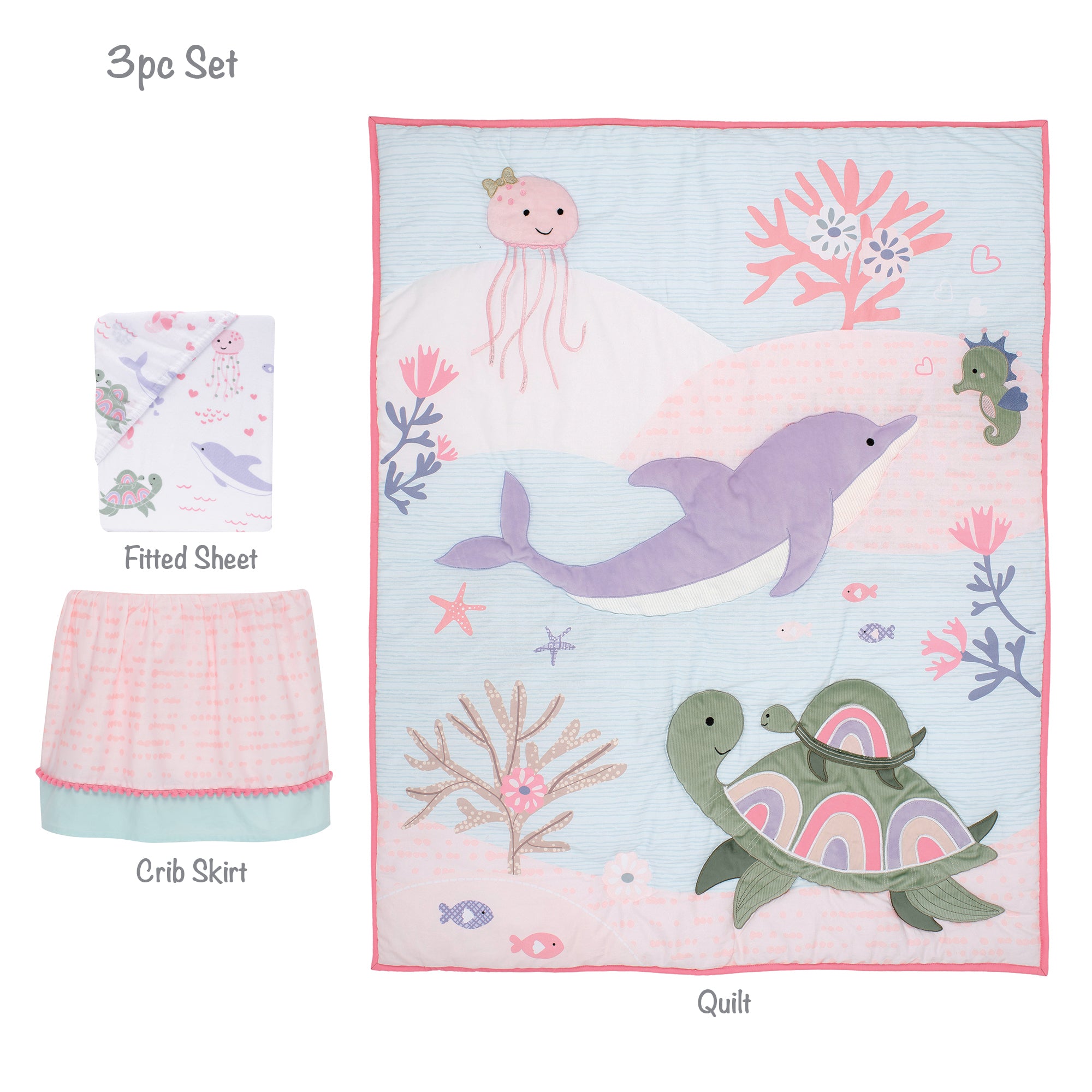 Sea Dreams 3-Piece Dolphin/Turtle Nautical Baby Crib Bedding Set