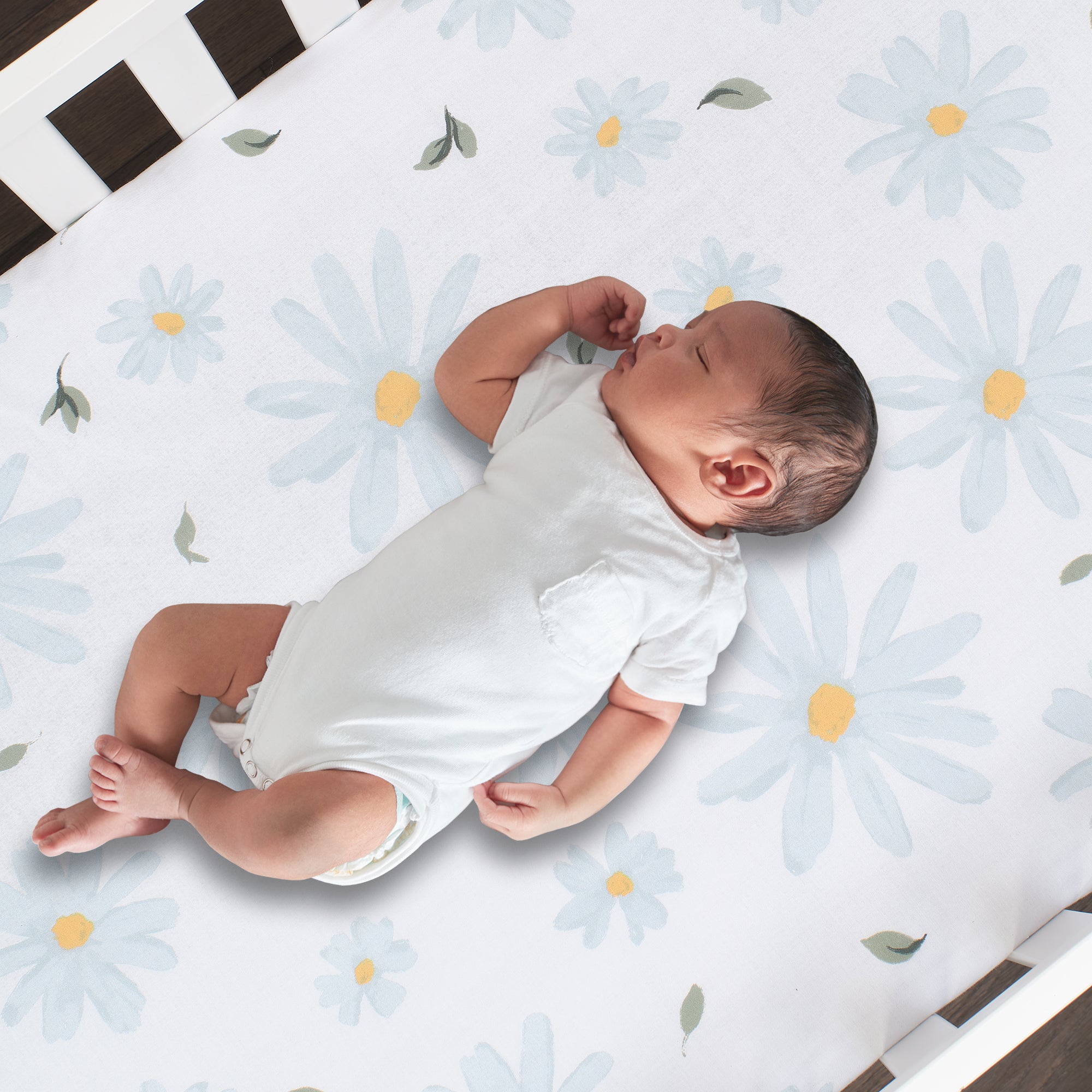 summer infant sheets Sweet Daisy 100% Cotton White/Blue Floral Baby Fitted Crib Sheet – Lambs & Ivy