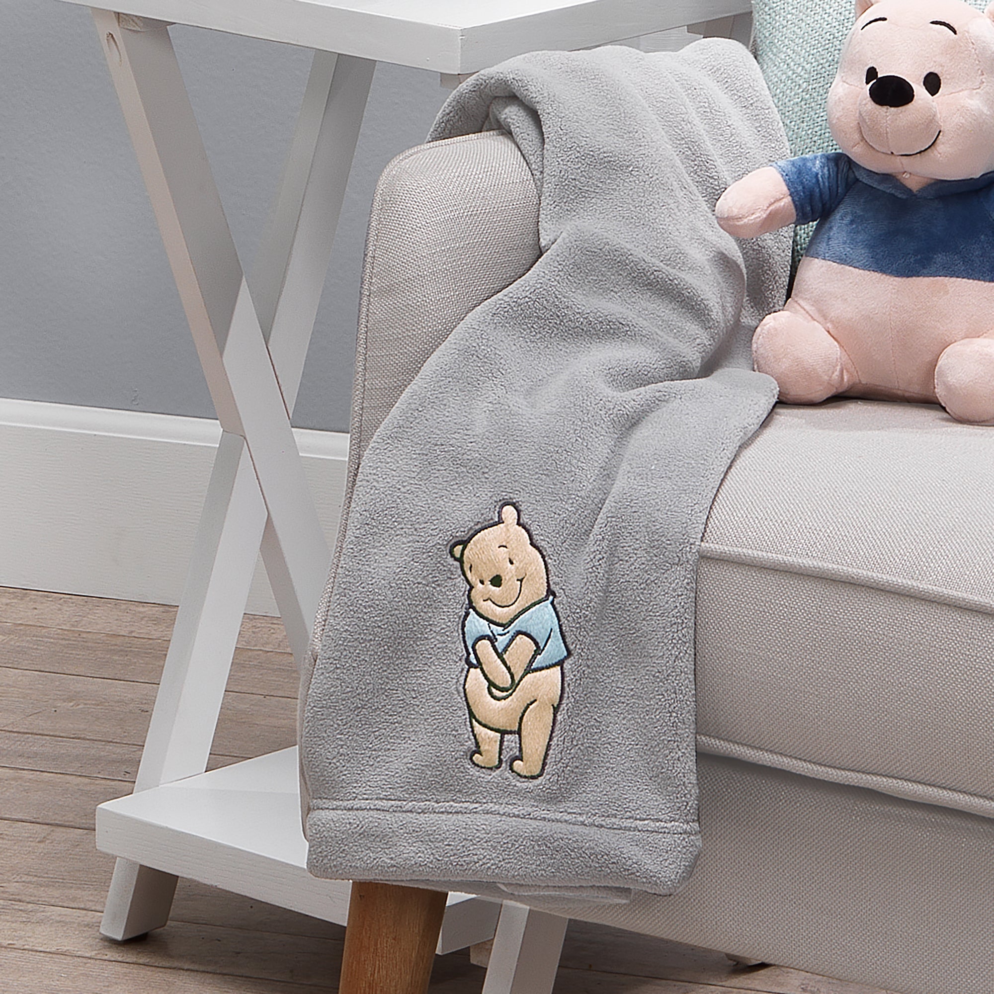Disney Baby Winnie the Pooh Hugs Gray Soft Fleece Baby Blanket