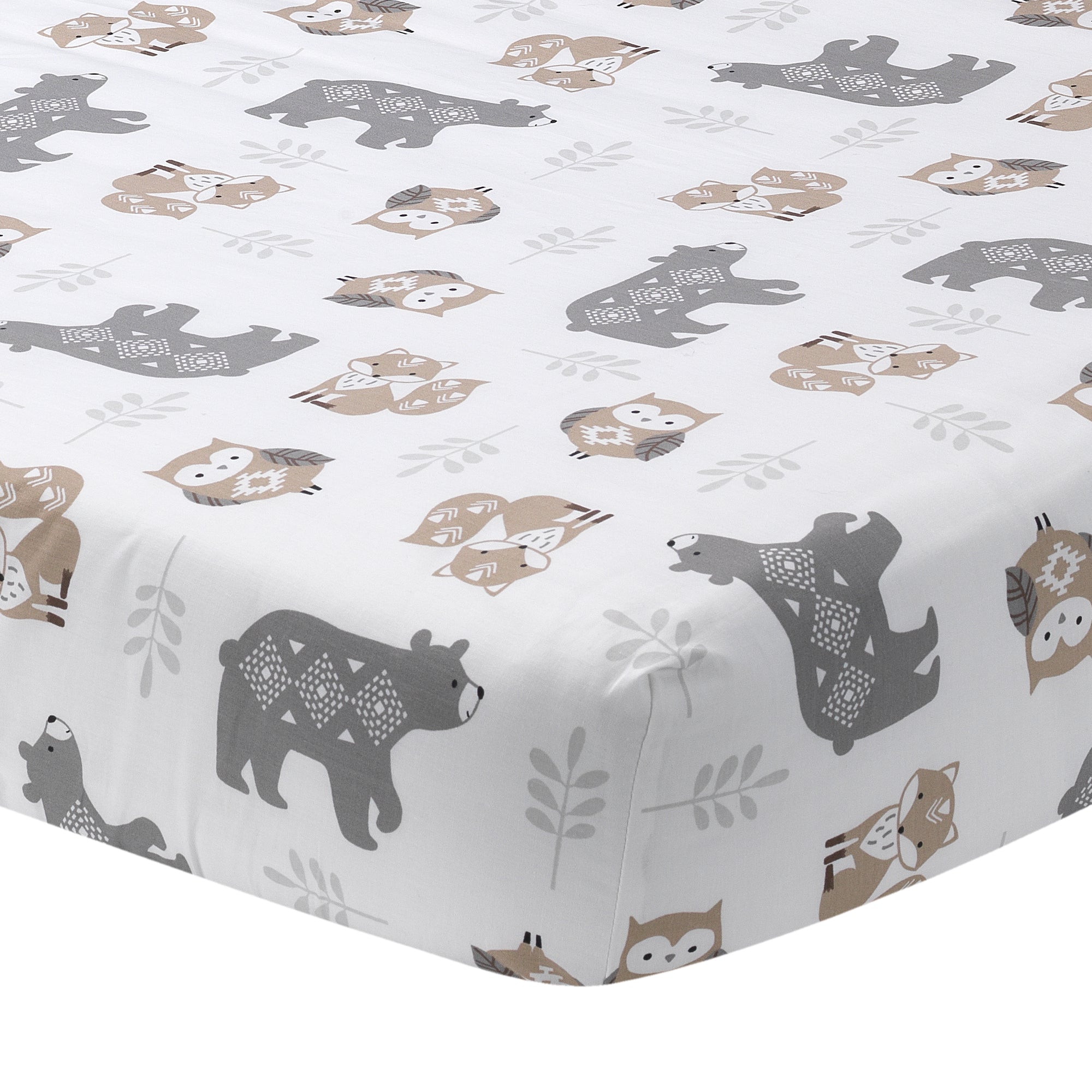 Woodland Forest Animals White/Gray Cotton Fitted Mini Crib Sheet