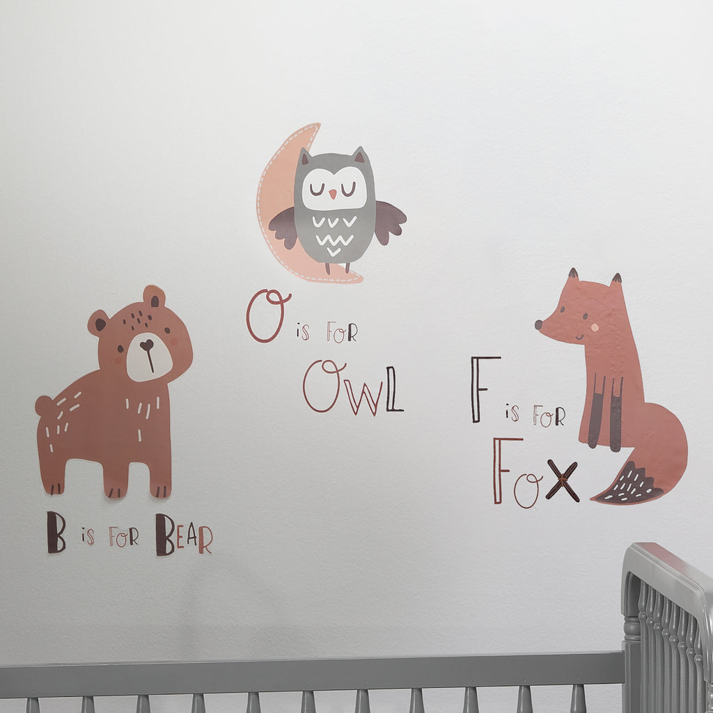 Animal Alphabet Beige/Gray Bear/Owl/Fox Woodland Wall Decals