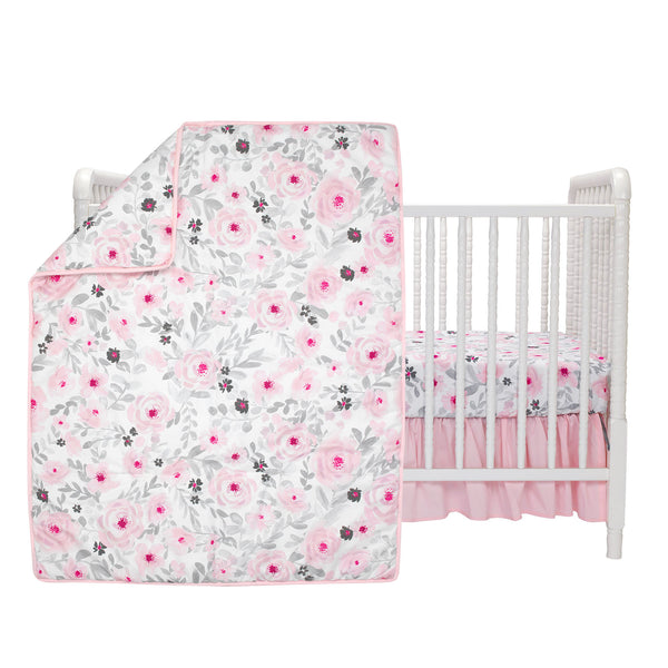 Blossom Pink Watercolor Floral 3-Piece Baby Crib Bedding Set – Lambs & Ivy