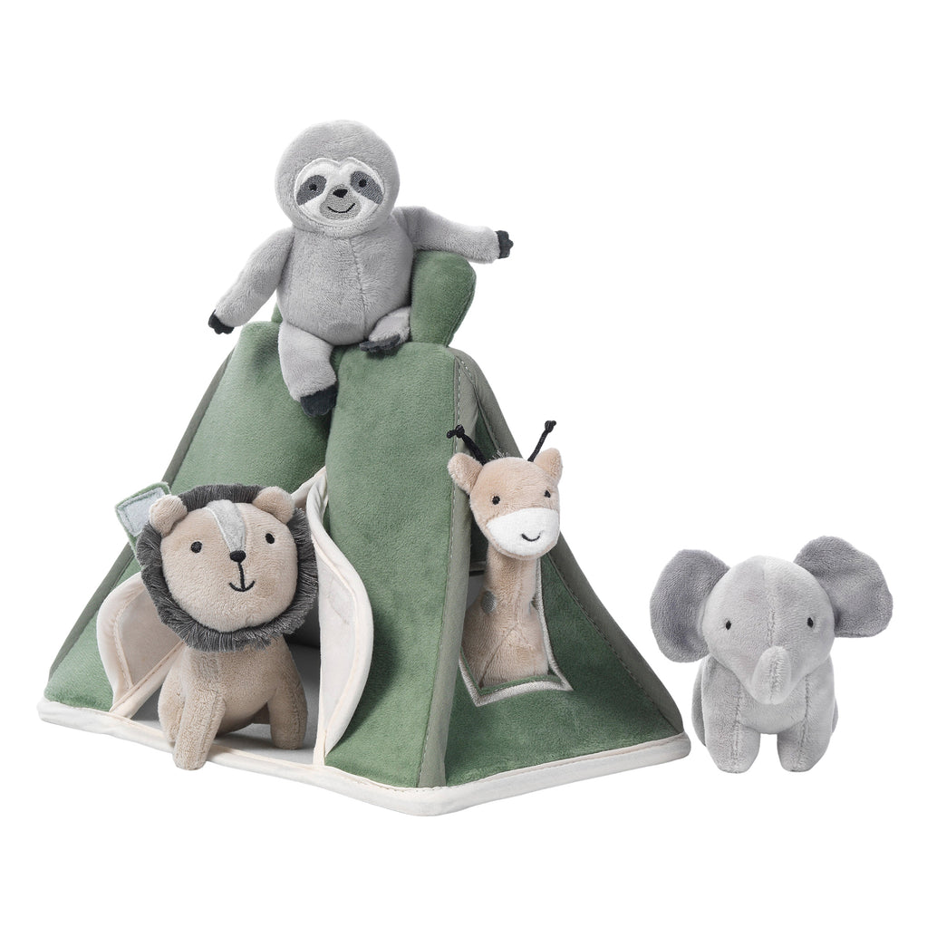 Interactive Plush Safari/Jungle Green Tent with Stuffed Animal Toys – Lambs & Ivy